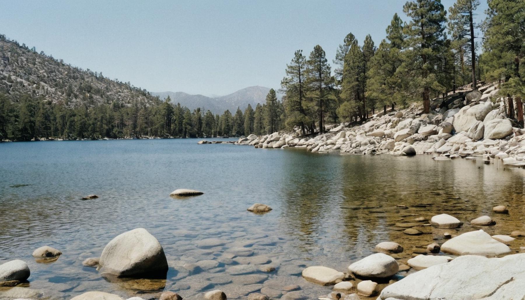 Quiet alpine lake shoreline with boulders and pines on the north shore