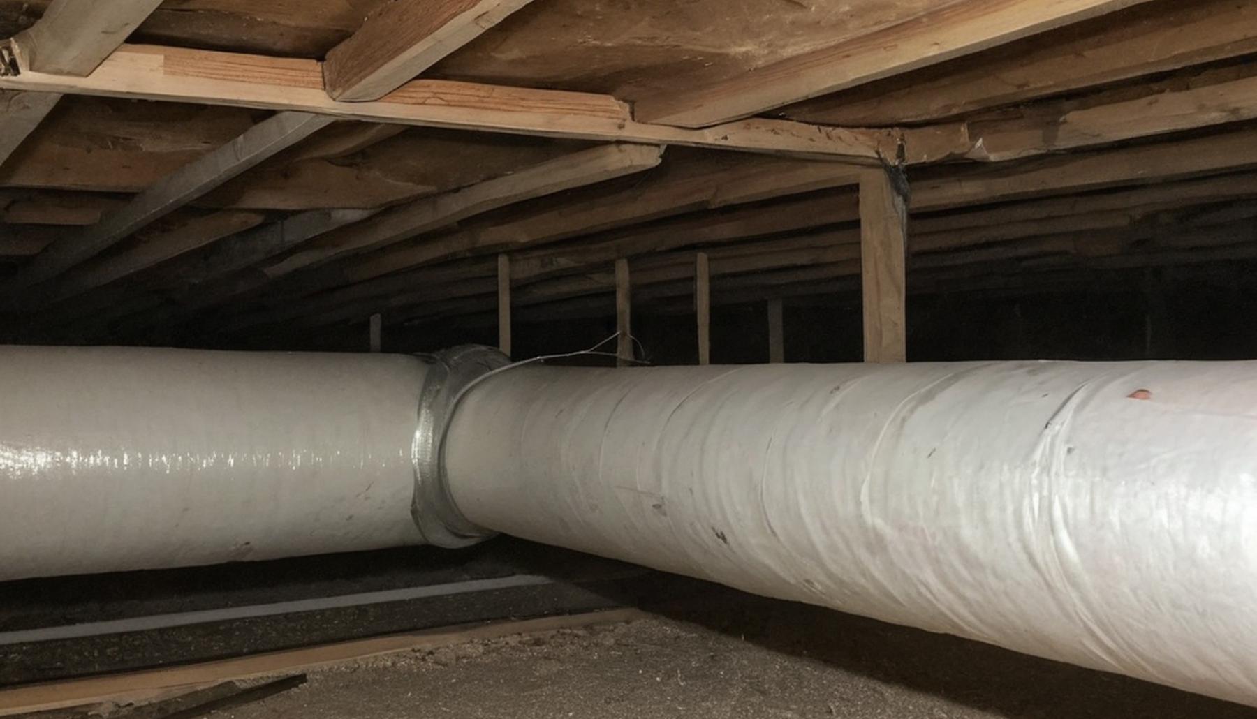 Insulated water pipes running along floor joists in a mountain cabin crawlspace