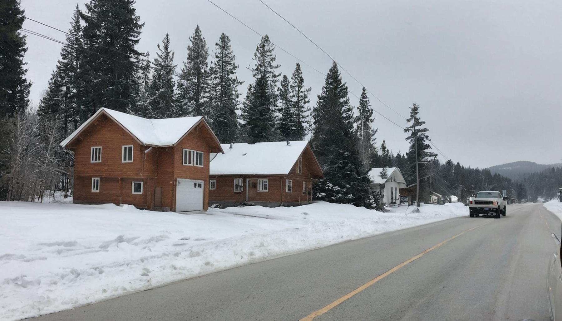 Residential street in a mountain town after a snowstorm with plowed roads and cabins among pines