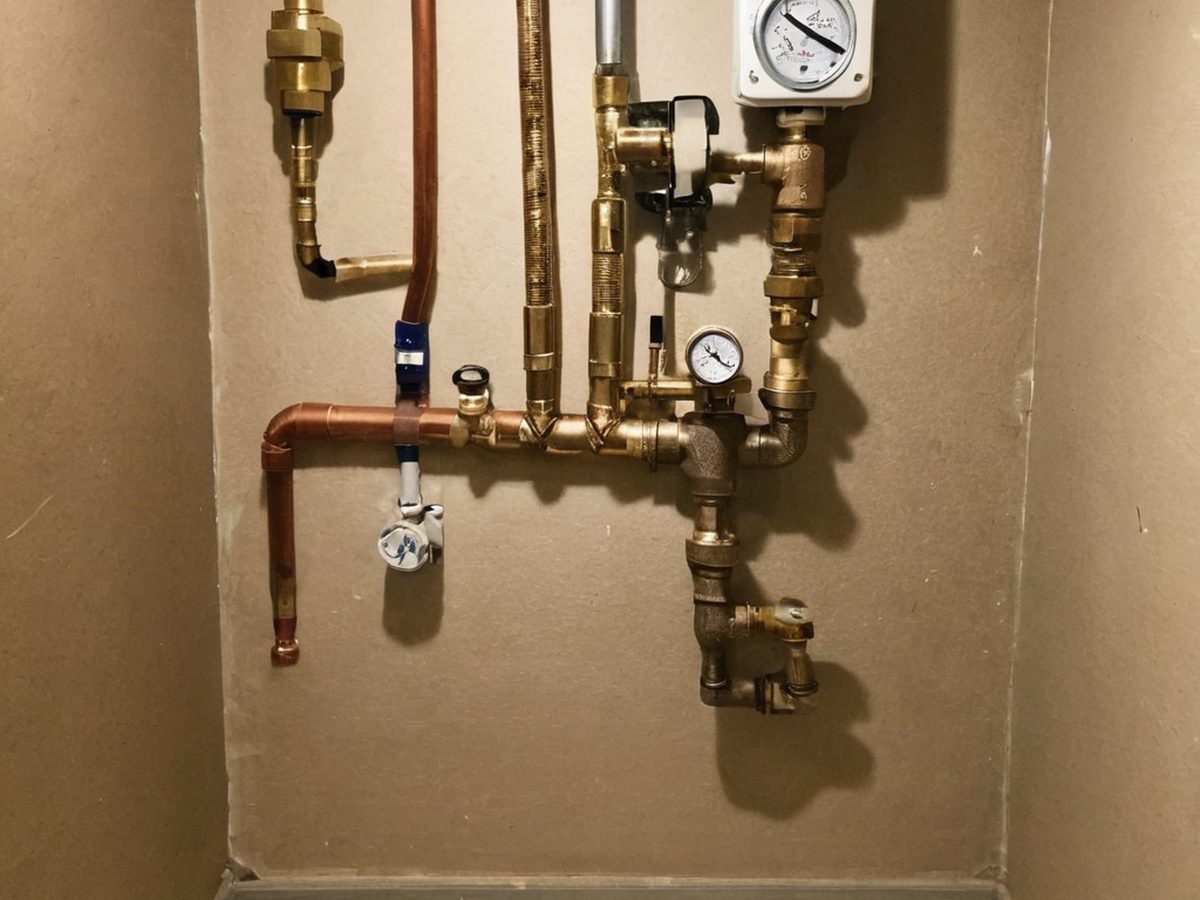 New pressure regulator and main shutoff on a manifold in a utility closet, Big Bear Lake.