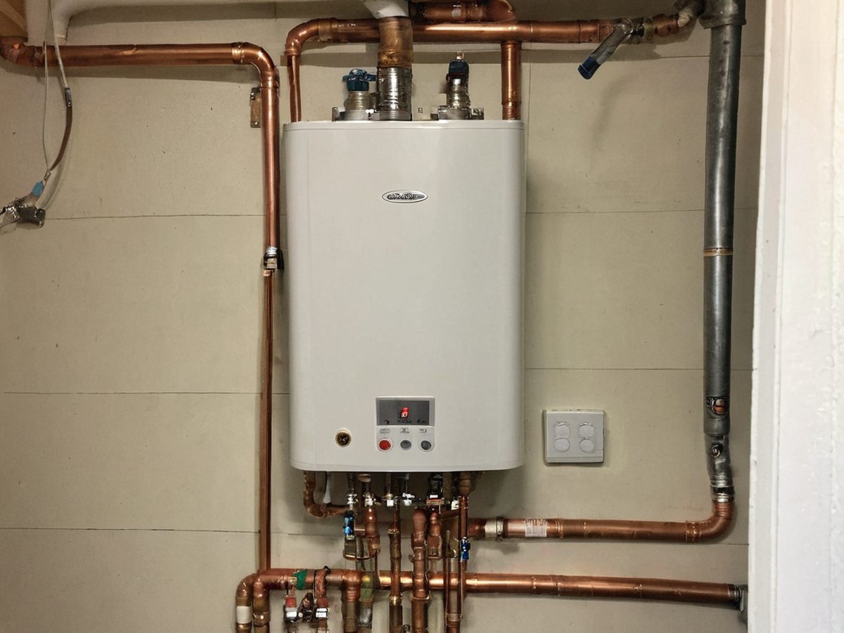 Tankless conversion in a garage with isolation valves for annual descaling, Moonridge.