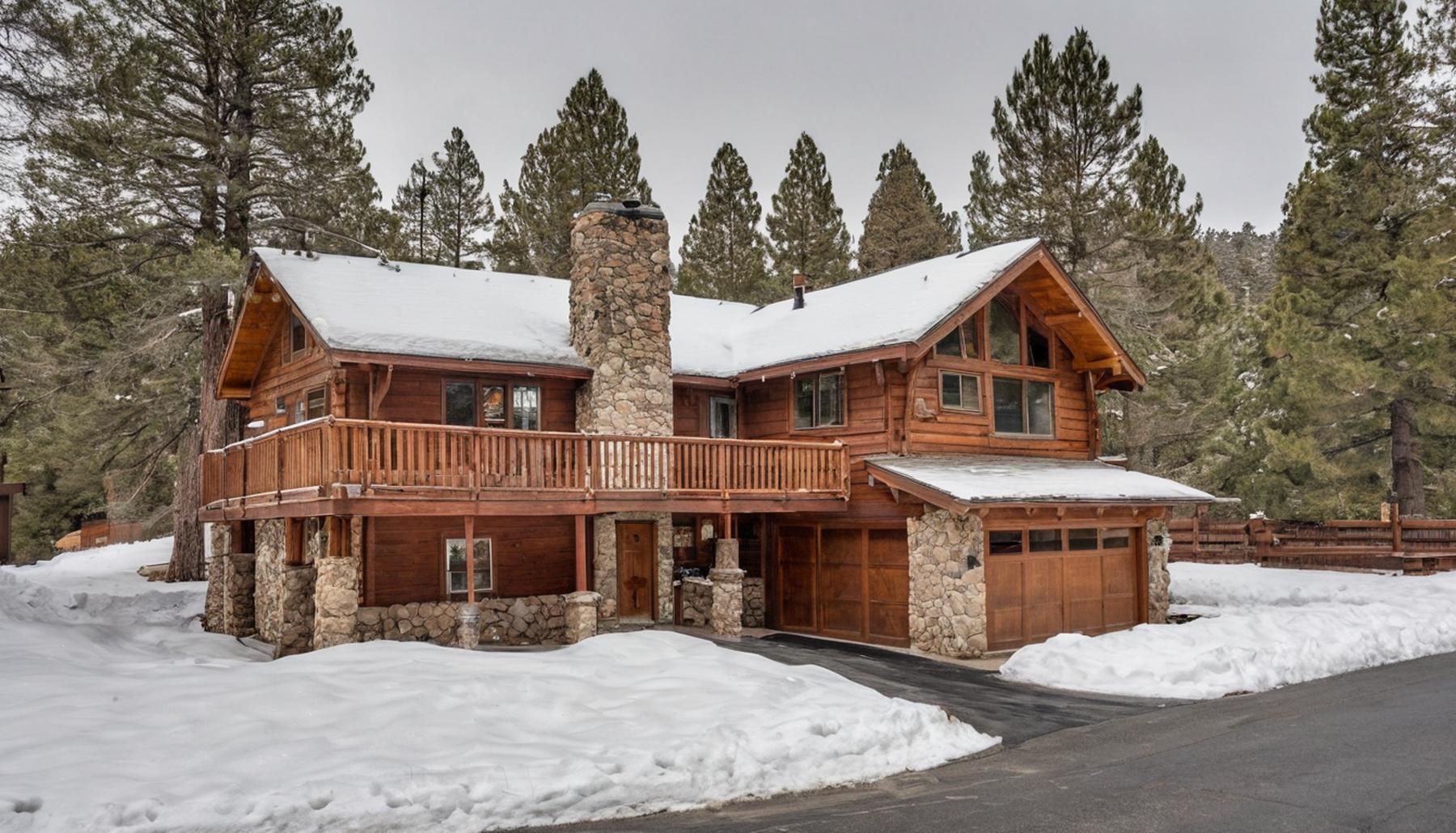 Snow-covered log cabin with a stone chimney surrounded by pine trees in Big Bear