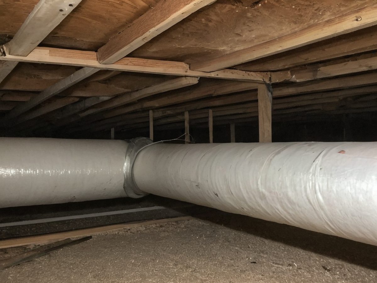 Insulated water lines running along floor joists inside a mountain home crawlspace