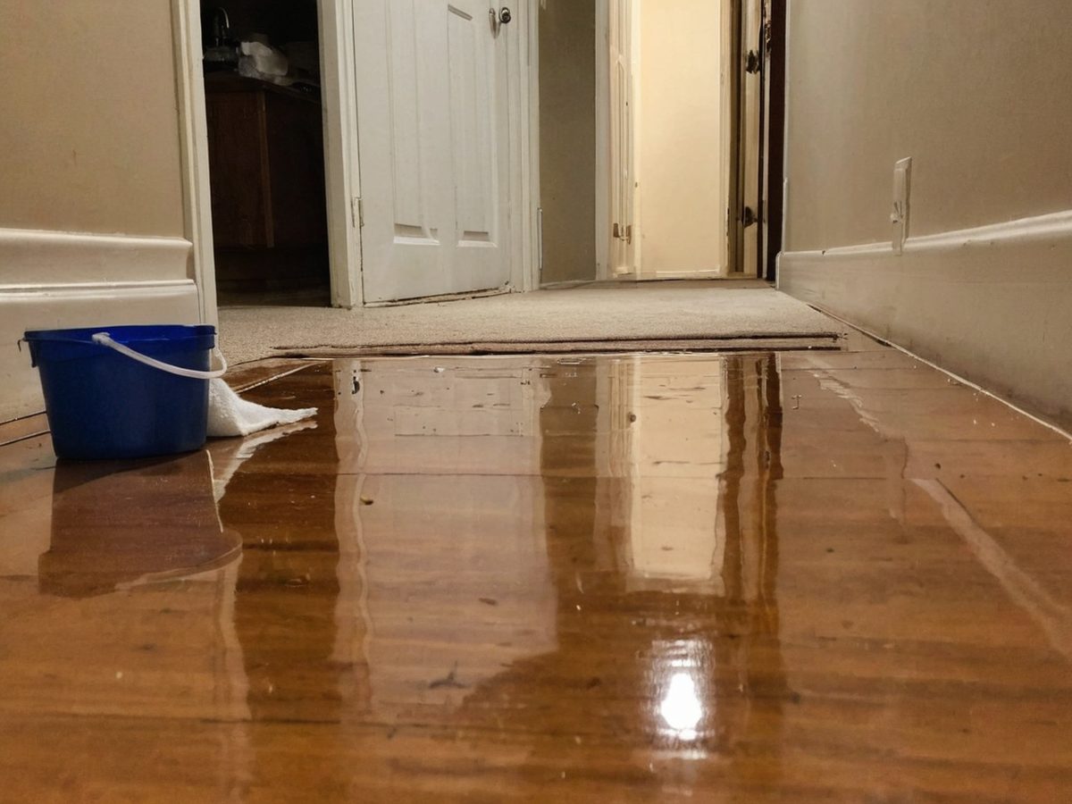 Water pooled across a hallway floor beside a soaked towel and a bucket after a pipe failure