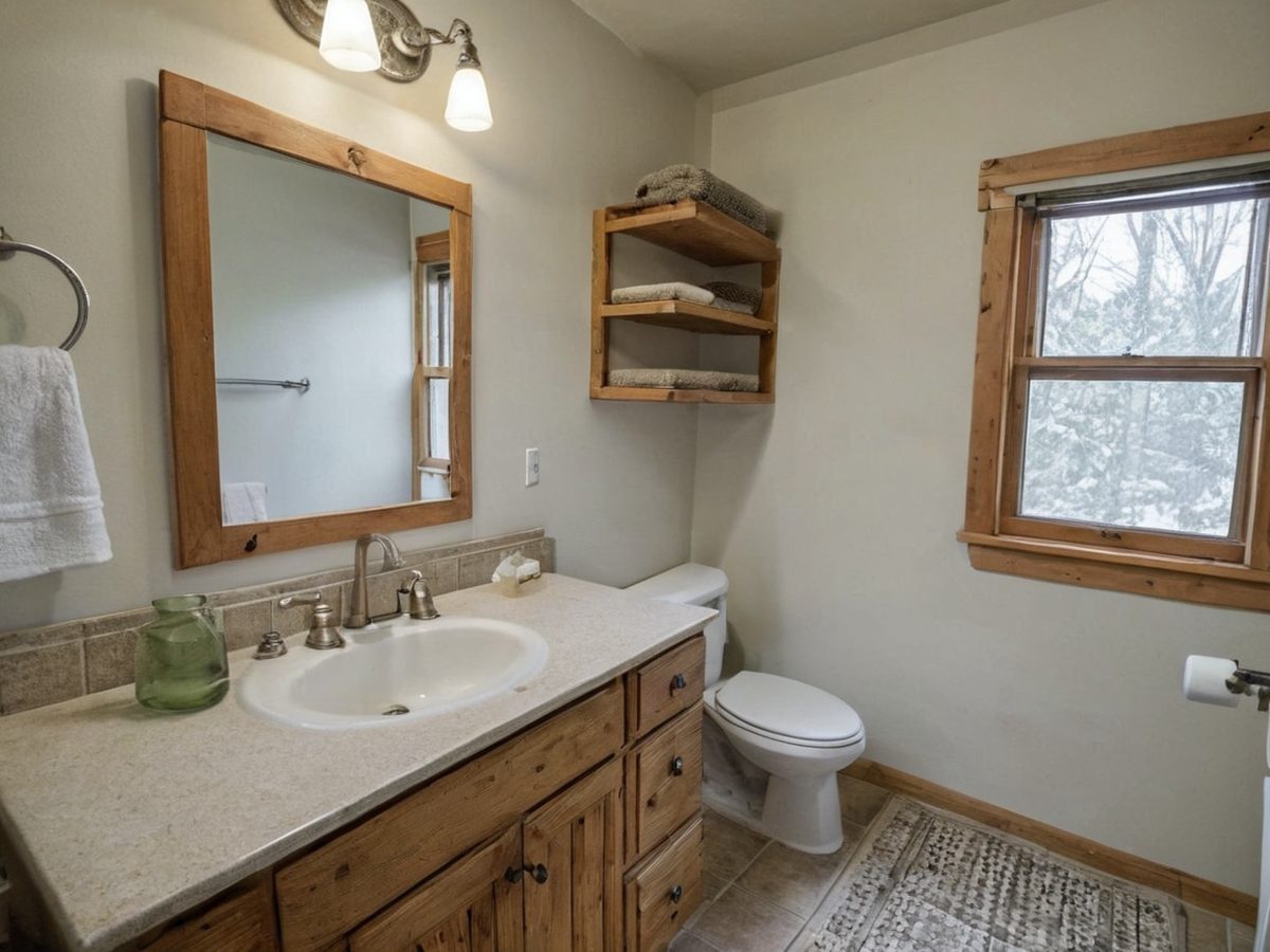 Finished cabin bathroom with a wood vanity, brushed nickel faucet and tile backsplash