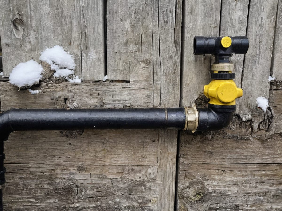 New black iron gas piping with a yellow shutoff valve on the exterior wall of a mountain home