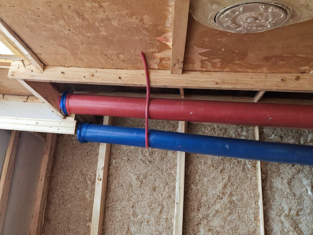 New PEX water manifold with red and blue lines mounted between open wall studs